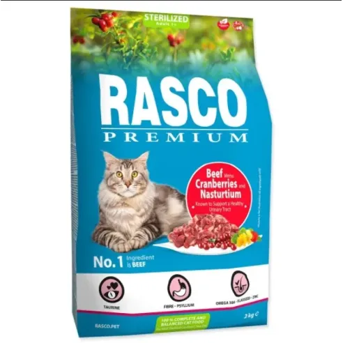 Rasco Premium Macska Száraz Eledel Sterilized Marhahús Áfonyával és Sarkantyúvirággal 2 kg