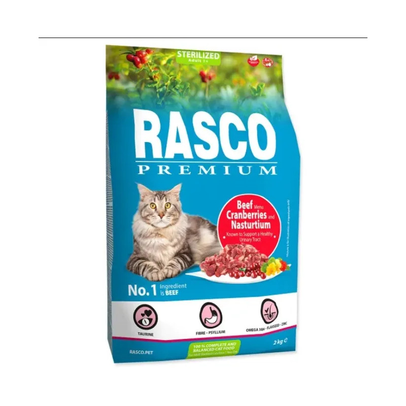 Rasco Premium Macska Száraz Eledel Sterilized Marhahús Áfonyával és Sarkantyúvirággal 2 kg