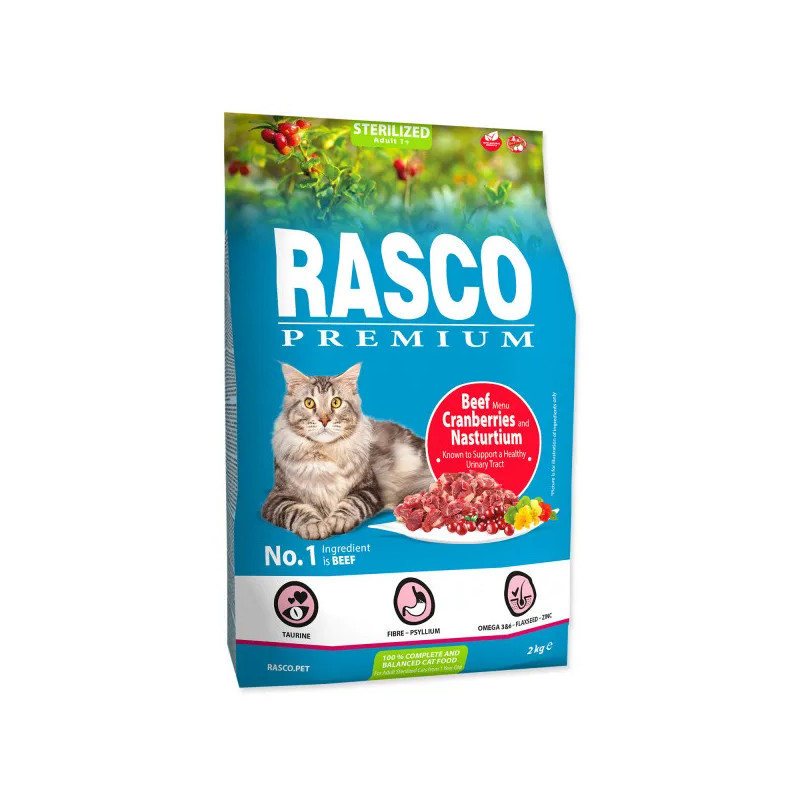 Rasco Premium Macska Száraz Eledel Sterilized Marhahús Áfonyával és Sarkantyúvirággal 2 kg