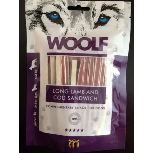 Woolf puha szendvics alakú jutalomfalat kutyáknak – bárány és tőkehal (hosszúkás), 100 g