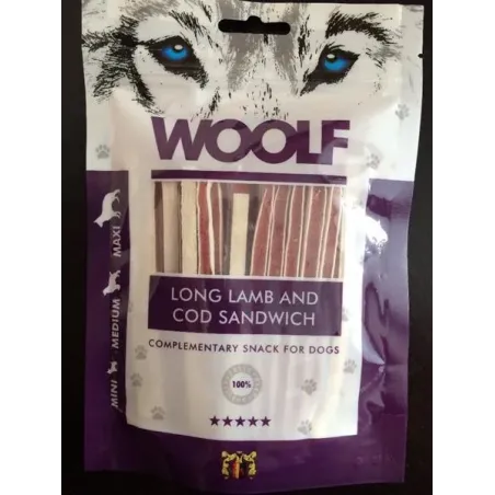 Woolf puha szendvics alakú jutalomfalat kutyáknak – bárány és tőkehal (hosszúkás), 100 g