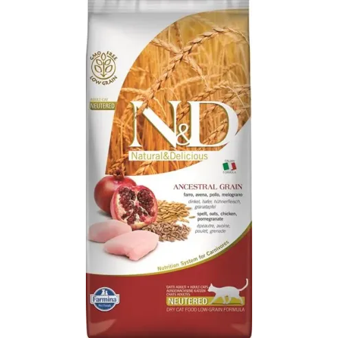 Farmina N&D macska AG felnőtt, ivartalanított, csirke, tönköly, zab & gránátalma 5 kg