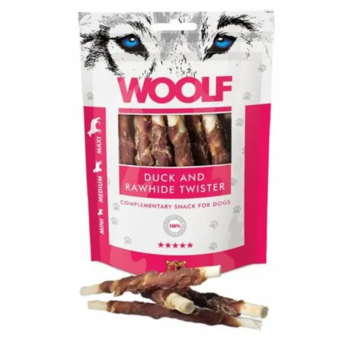 Pamlsok Woolf Dog Duck and Rawhide Twister 100g