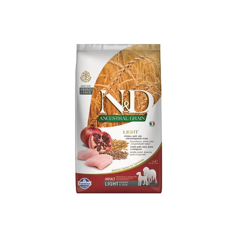 Farmina N&D kutya AG felnőtt medium & maxi, light, csirke, tönköly, zab & gránátalma 2,5 kg