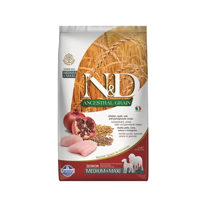 Farmina N&D kutya AG senior medium & maxi, csirke, tönkölybúza, zab és gránátalma 2,5 kg