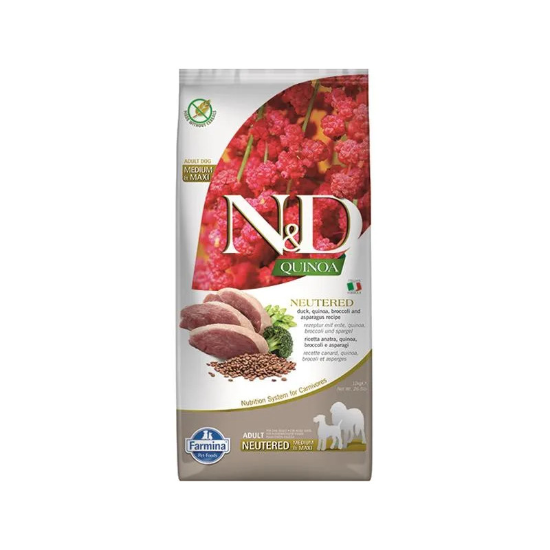 Farmina N&D dog QUINOA (GF) adult medium & maxi, ivartalanított, kacsa, brokkoli & spárga 12 kg