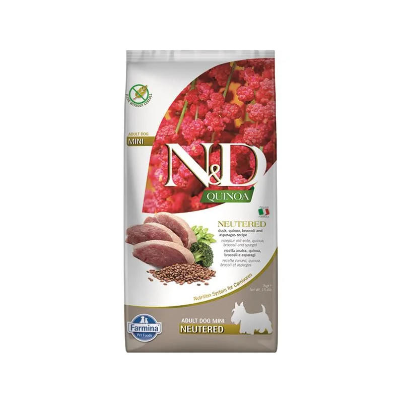 Farmina N&D dog QUINOA (GF) adult mini, ivartalanított, kacsa, brokkoli & spárga 7 kg