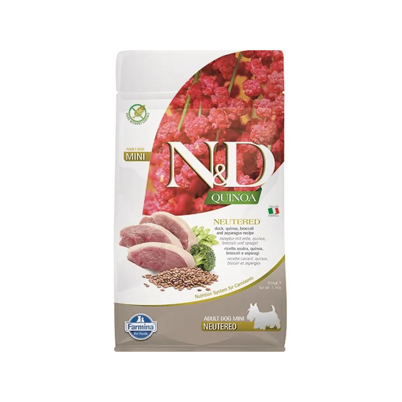 Farmina N&D kutya QUINOA (GF) felnőtt mini, ivartalanított, kacsa, brokkoli & spárga 0,8 kg