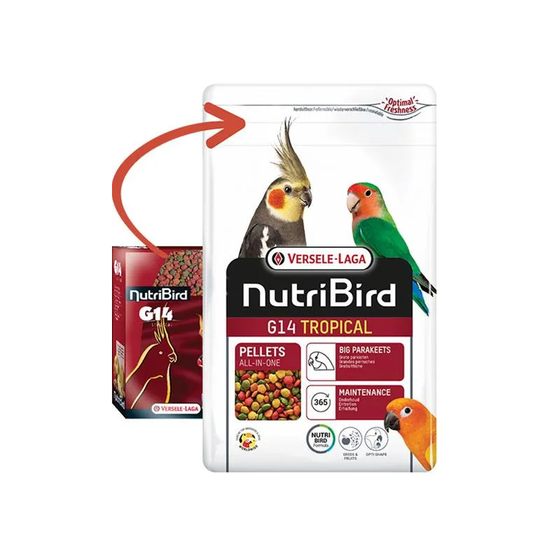 VL Orlux NutriBird G14 Tropical – extrudált eledel közepes papagájoknak trópusi gyümölcsökkel napi etetésre 1 kg