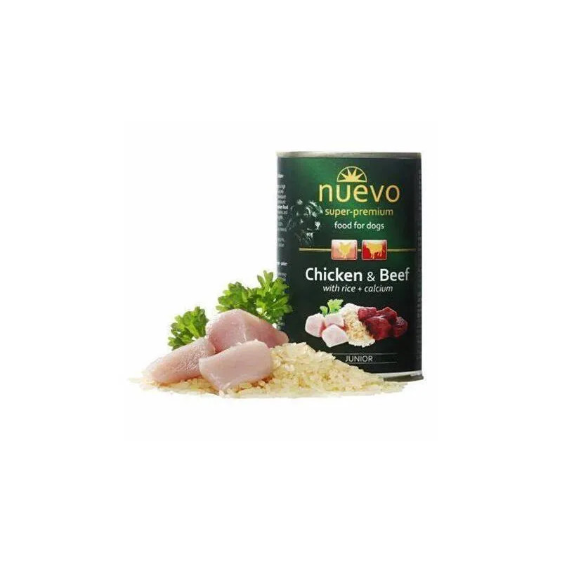 NUEVO dog Junior Csirke & Marha bal. 6 x 400 g konzerv