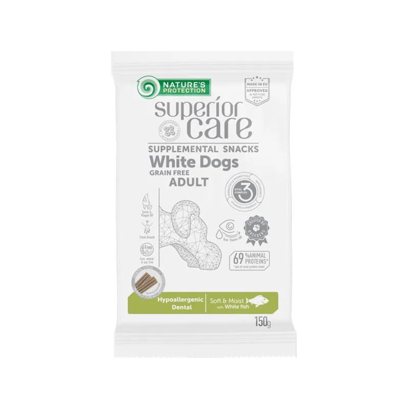 Jutalomfalat Natures P Superior Care fehér kutyáknak Hypoallergén Dental Care Gabonamentes fehér hal 150 g