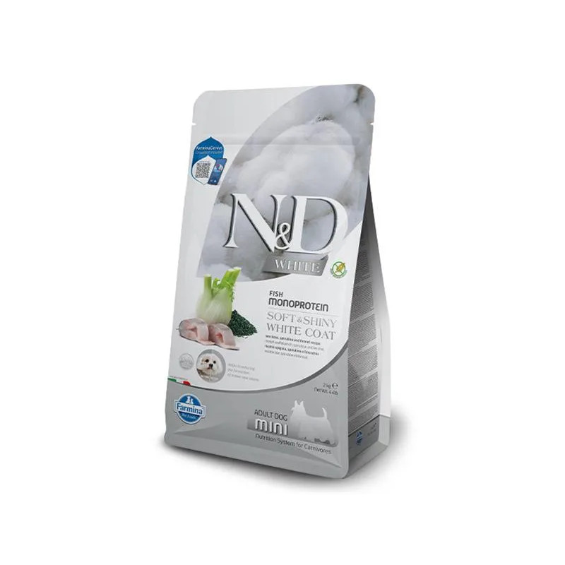 Farmina N&D dog WHITE (GF) adult mini, tengeri sügér, spirulina & édeskömény 2 kg