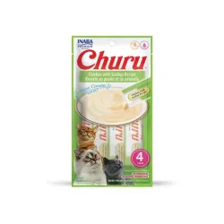 Jutalomfalatok Inaba Churu Pyré macskáknak Kura fésűkagylóval 4 tubus 56 g