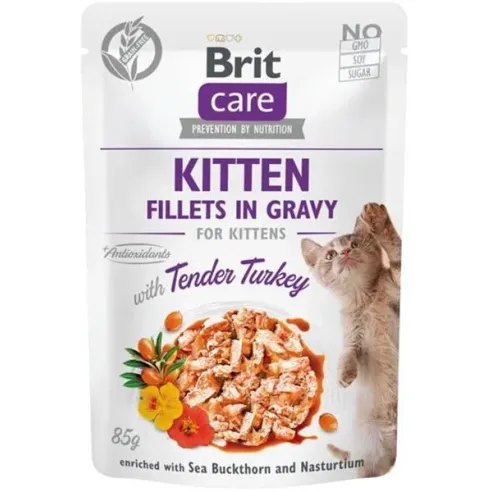 Brit Care macska Alutasak Kölyök Filék Szaftban, Puha Pulykával 24 x 85 g