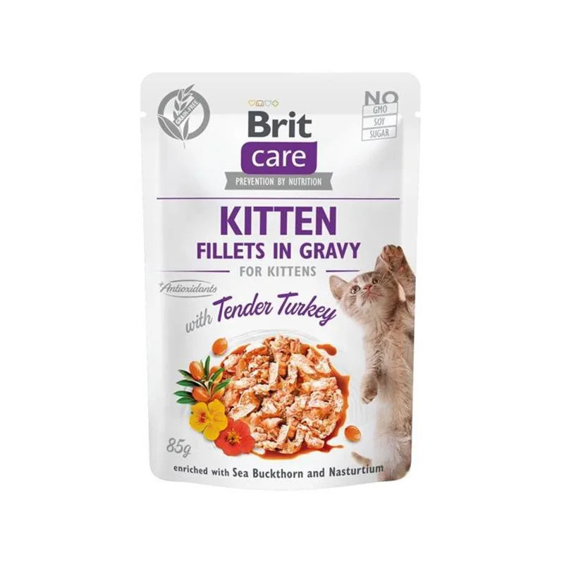 Brit Care macska Alutasak Kölyök Filék Szaftban, Puha Pulykával 24 x 85 g