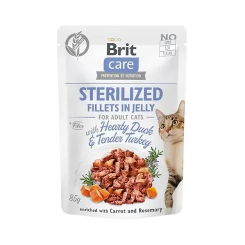 Brit Care macska Tasak Sterilized Fillets in Jelly szívvel teli kacsával & omlós pulykával 24 x 85 g