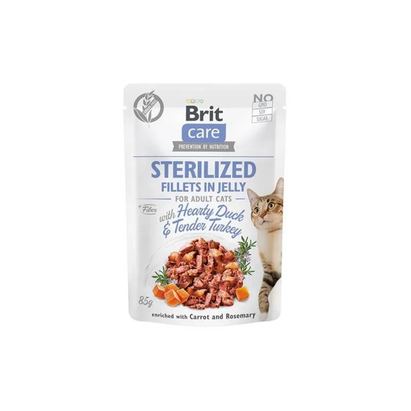 Brit Care macska Tasak Sterilized Fillets in Jelly szívvel teli kacsával & omlós pulykával 24 x 85 g