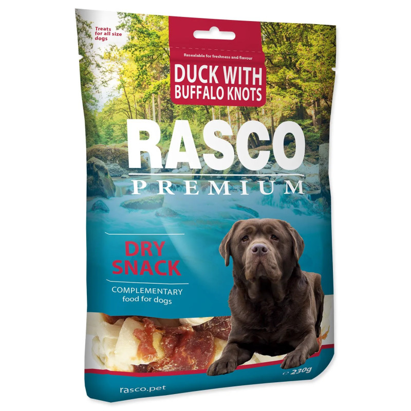 Rasco Premium jutalomfalat bivalybőrrel és kacsahússal, csomók 5cm 230g