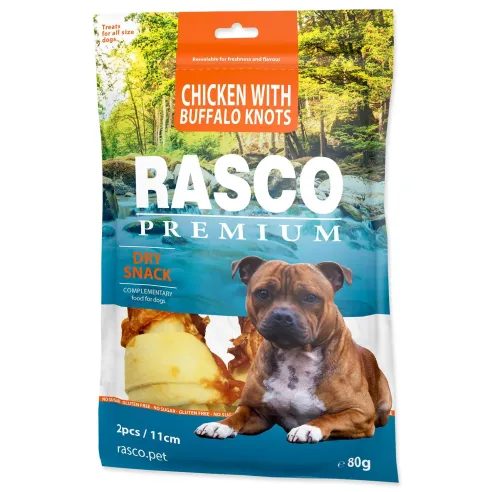 Rasco Premium jutalomfalat bivalybőr csirkehússal bevonva, csomók 11cm 80g