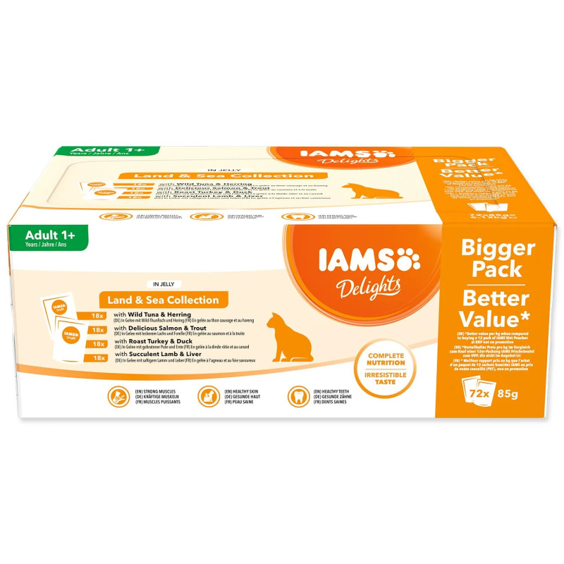 IAMS Delights Adult tengeri és szárazföldi hús falatkák aszpikban multipack 6120g (72x85g)