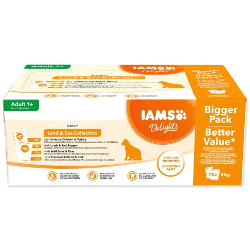IAMS Delights Adult pástétom tengeri és szárazföldi húsokkal szószban multipack 6120g (72x85g)