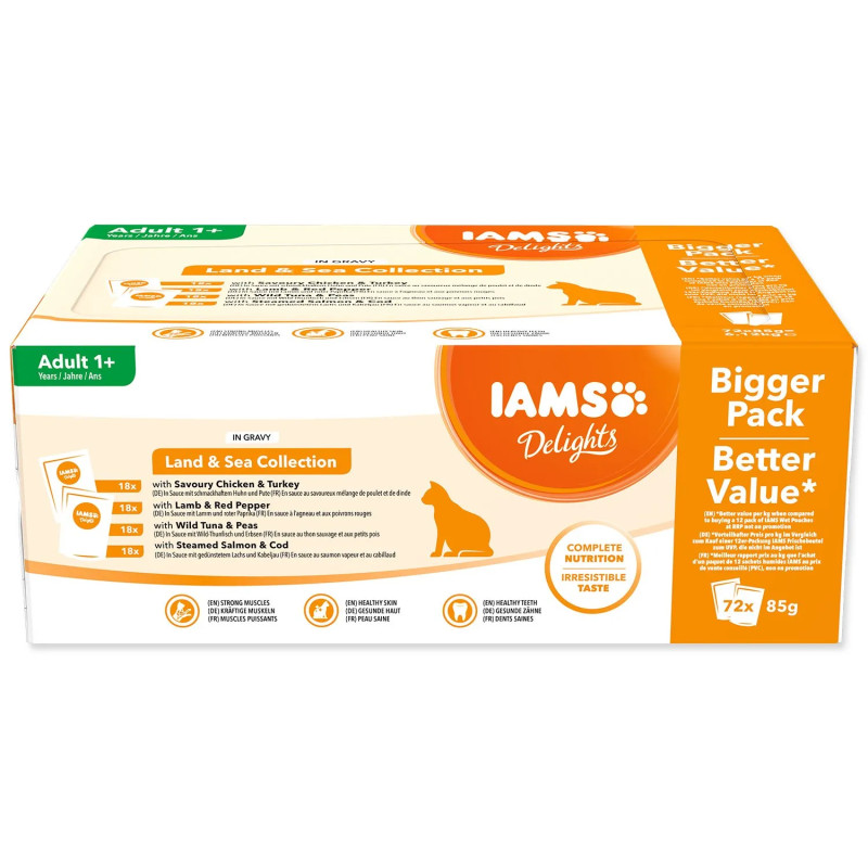 IAMS Delights Adult pástétom tengeri és szárazföldi húsokkal szószban multipack 6120g (72x85g)