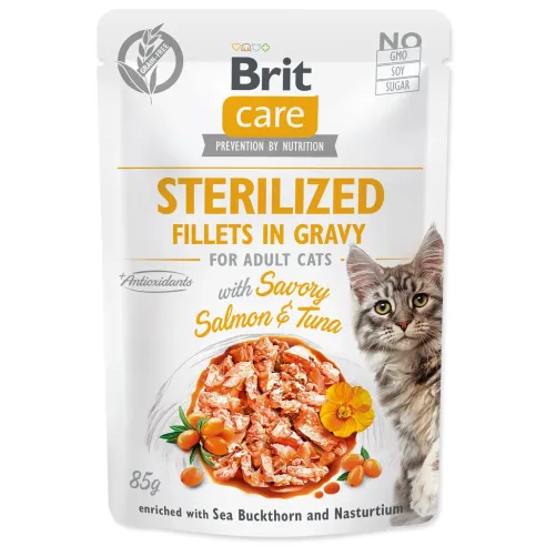 Kapsička Brit Care Cat Sterilized losos a tuniak, filety v omáčke 85g