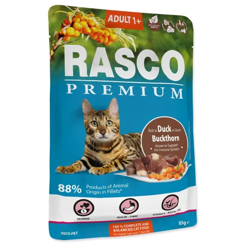 Rasco Premium Adult tasakos eledel kacsa és homoktövis 85g