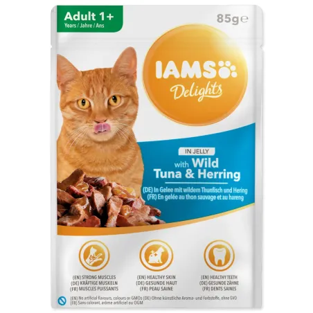 IAMS Delights Adult tonhalas és heringes alutasak zselében 85g