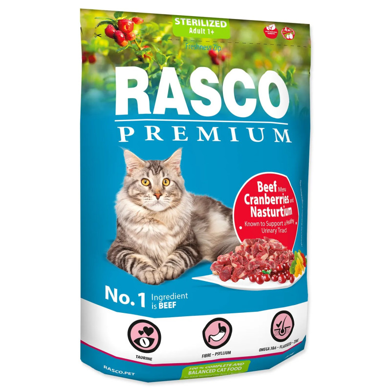 Rasco Premium Sterilized marhahúsos, áfonyás és nagyobbojtorjás eledel 0,4kg