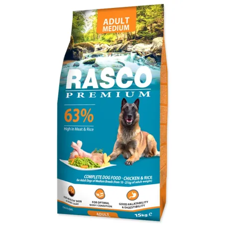 Krmivo Rasco Premium Adult Medium kura s ryžou 15kg