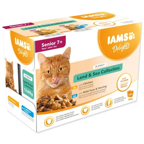 IAMS Delights Senior tengeri és szárazföldi hús falatok szószban 1020g (12x85g)