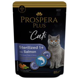 Prospera Plus Sterelized 1+ tasak, lazac, borsó 85g