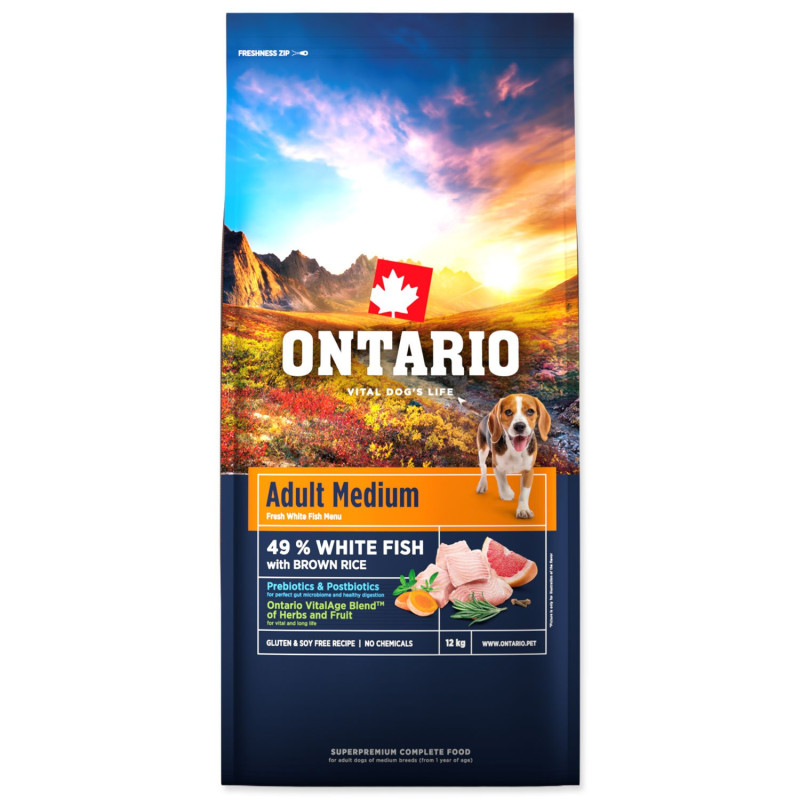 Ontario Felnőtt Közepes Testű Hal & Barna Rizs 12kg