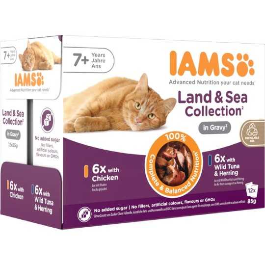 IAMS Delights Senior tengeri és szárazföldi hús falatok szószban 1020g (12x85g)