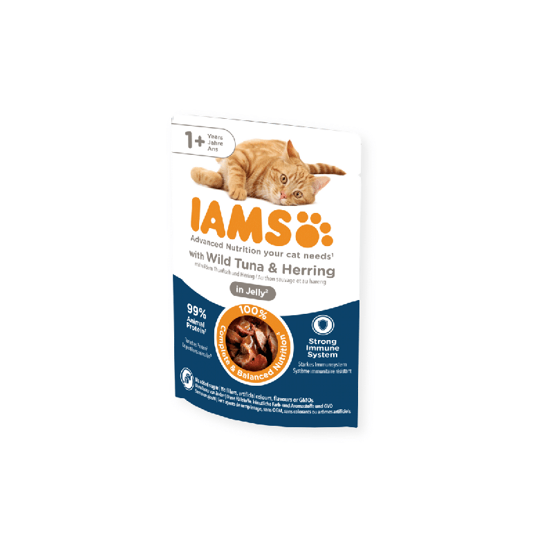 IAMS Delights Adult tonhalas és heringes alutasak zselében 85g