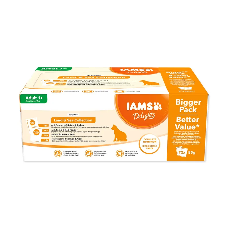 IAMS Delights Adult pástétom tengeri és szárazföldi húsokkal szószban multipack 6120g (72x85g)