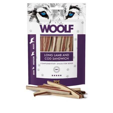 Woolf puha szendvics alakú jutalomfalat kutyáknak – bárány és tőkehal (hosszúkás), 100 g